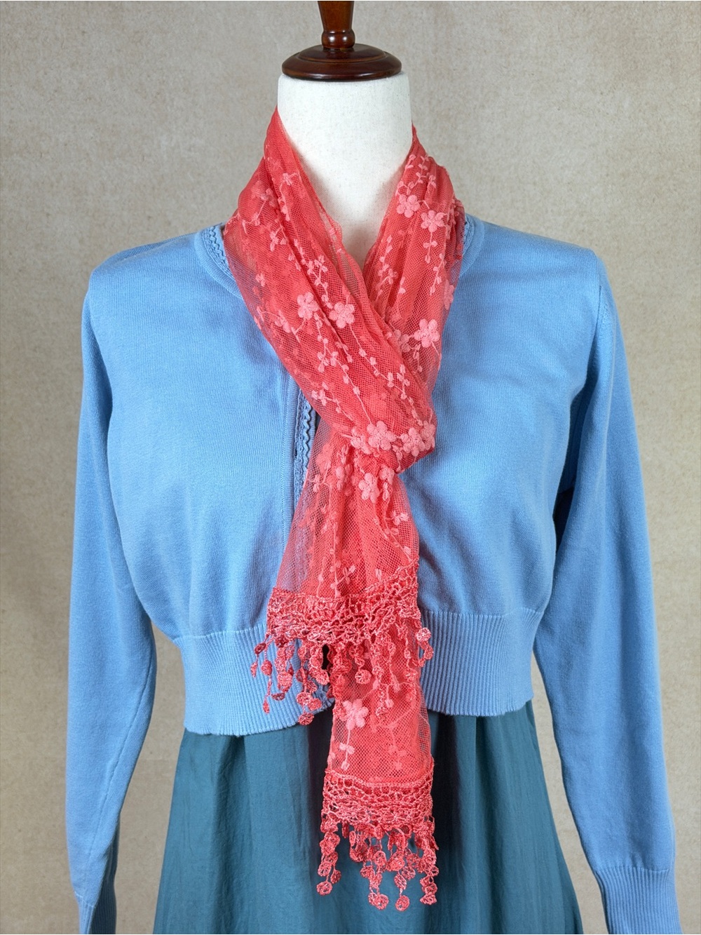 Delicate Coral Floral Lace Scarf